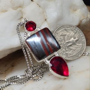 Tiger Eye Stone Red Chery Quartz Pendant Rhodium/925 Silver Necklace  Boho